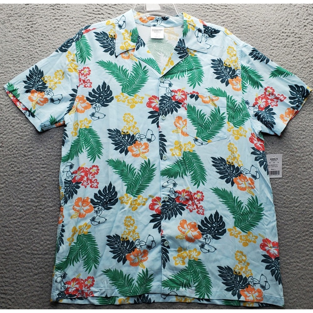 Peanuts Snoopy Hawaiian Shirt Mens Large Multi Leaf Print Short Sleeve Button-Up